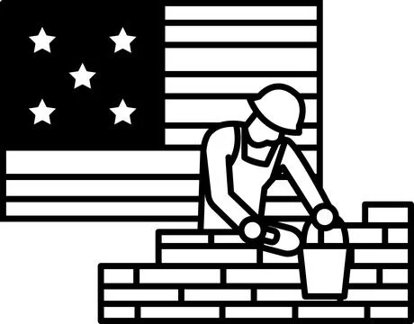 A man is laying bricks on a wall in front of an American flag Stock Illustration