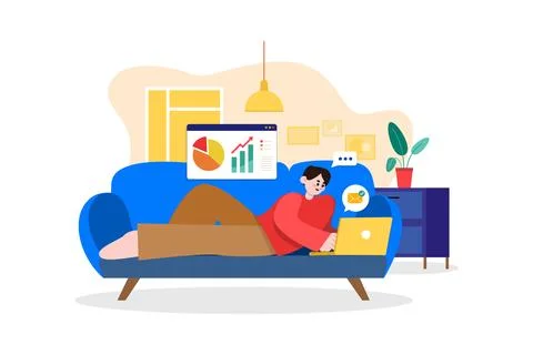 Man Laying on the couch and doing work on a laptop Stock Illustration