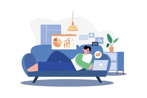 Man Laying On The Couch And Doing Work On A Laptop 스톡 일러스트