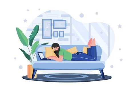Man Laying On The Couch And Doing Work On A Laptop Stock Illustration