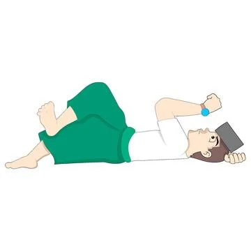 Man is laying down while looking at his watch waiting for the time to break.. Stock Illustration