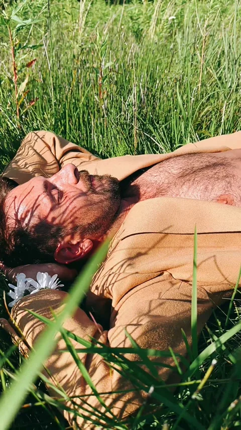 Man laying in grass, grass, field, flowers, floral, portrait of a man relaxing Stock Footage 247204740