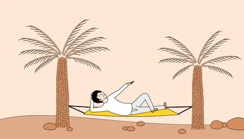 Man is laying on a hammock between two palm trees Stock Illustration