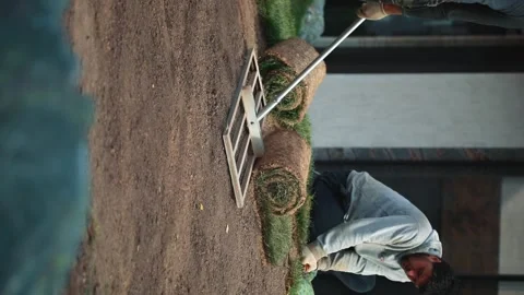 Man laying rolls of grass lawn. Landscaping concept. Moscow Russia September 15 Stock Footage 250860961