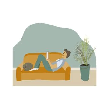 Man laying on the sofa with cat looking at notepad Stock Illustration