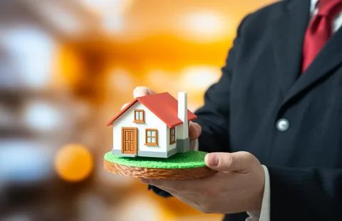 A man lays a house on a plot of land. Housing design and construction. Proper Foto stock
