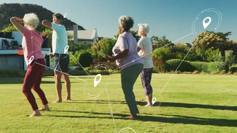 Man leading group doing balance exercise on lawn, pin icons and lines tracking Stock Footage 333132588