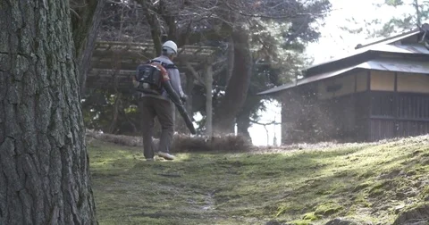 Man with Leaf Blower next to Temple Video stock 73152912