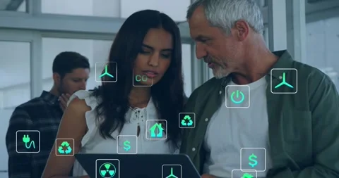 Man leaning in and pointing, causing teal icons floating and gathering near Stock Footage 332280834