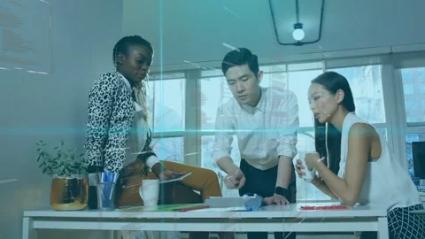 Man leaning in and pointing at papers, women following, animated overlays Stock Footage 335762186