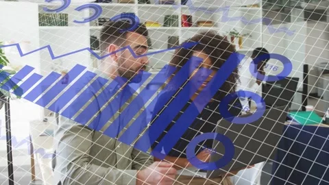 Man leaning and pointing at tablet initiating wireframe grid and blue analytics Stock Footage 333657284