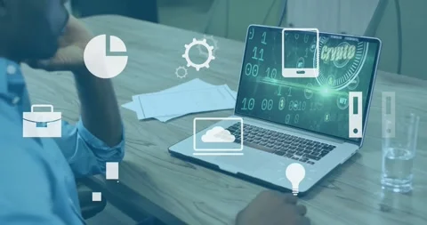 Man leaning on arm viewing laptop in tech workspace, with floating pie chart, Stock Footage 329126002