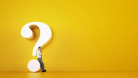 Man leaning on a big white question mark on a yellow background. 3D Rendering Stock Illustration