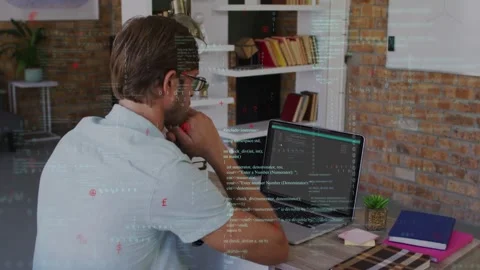 Man leaning forward and reviewing code, generating animated overlay across Video stock 335282090