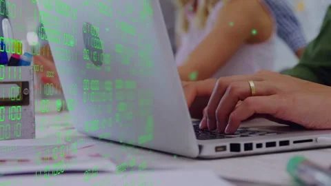 Man leaning forward, placing hands on laptop, typing with green binary overlay Stock Footage 335466126