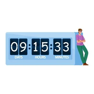 Man leaning on giant countdown timer showing days, hours and minutes Illustrazione stock