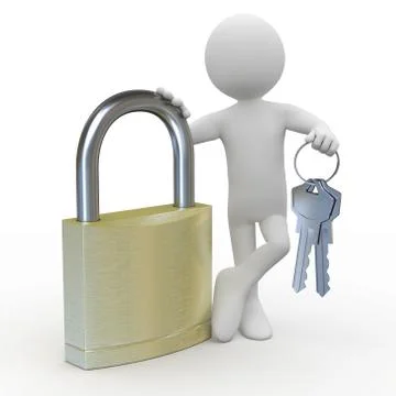 Man leaning on a huge padlock with keys in hand Stock Illustration