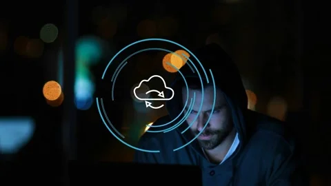 Man leaning into laptop, tech starting cloud sync for backup, rotating rings Stock Footage 334768407