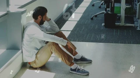 Man leaning on ledge shifting and rubbing face resting as data drifting over Stock Footage 335235829