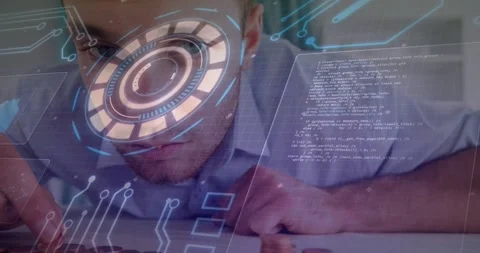 Man leaning in, nudging coins, activating HUD while code panel filling and Video stock 328485595