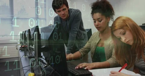 Man leaning over desk guiding user typing right user noting binary overlaying Stock Footage 329812489