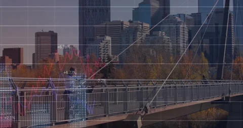 Man leaning on pedestrian bridge railing, viewing finance line graphs floating Stock Footage 308603653