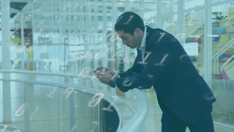 Man leaning on railing, tapping smartphone and analyzing floating binary data to Stock Footage 333859409