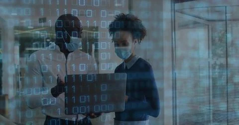 Man leaning in starting data review, masked team holding laptop, pointing, Stock Photos