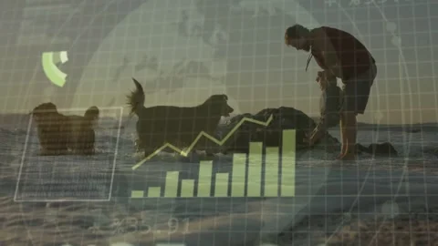 Man leaning, steadying son near surf, dogs running left causing animated data Stock Footage 333671007