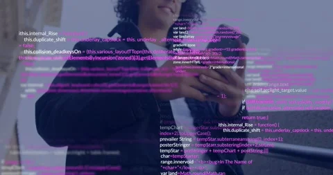 Man leaning on stone rail tapping smartphone and showing magenta code overlay Stock Footage 329946671