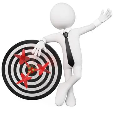 Man leaning on a target with three darts stuck in the bull's eye Stock Illustration