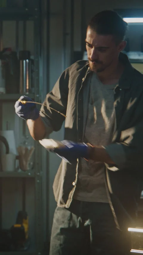 Man Leans Over Open Engine Bay and Pulls Out Oil Dipstick Check Level Stock Footage 329387681