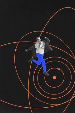 Man leaping in dynamic pose, framed by orbit-like patterns on dark background Stock Photos