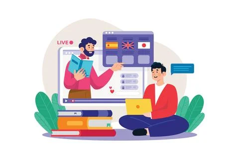 Man learning different foreign languages online Stock Illustration