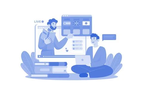 Man Learning Different Foreign Languages Online Stock Illustration