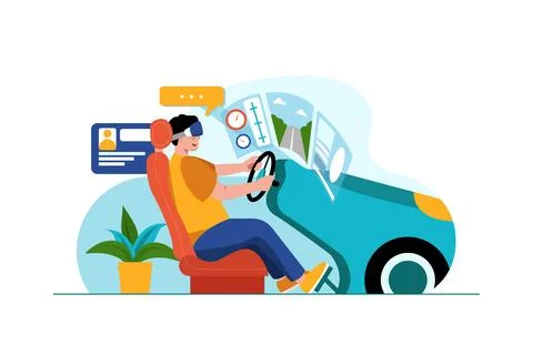 Man Learning to Drive Car with VR Headset Stock Illustration