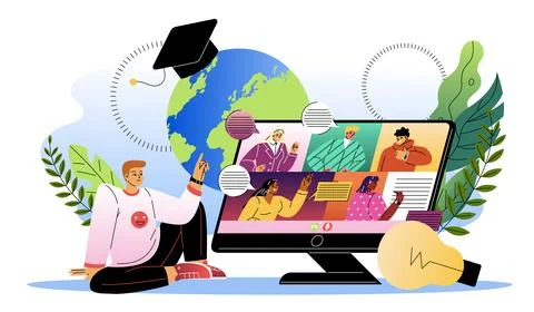 Man learning on Internet. Young guy sits in front of computer and communicates Stock Illustration