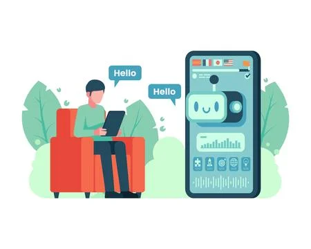 Man Learning Language with Ai Chatbot Tutor イラスト素材
