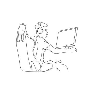 Man learning or working online. One line art. Stock Illustration