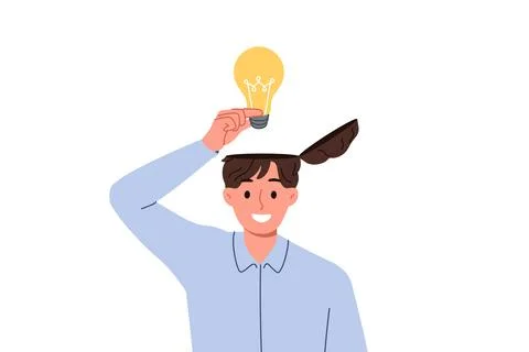Man learns about innovative idea puts light bulb inside head to improve own Stock Illustration