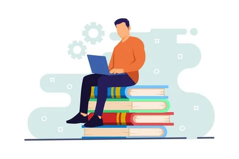 Man Learoderning Online with Laptop on Stack of Books Vector Illustration Stock Illustration