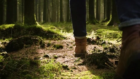 Man in leather boots walking through the forest on a sunny day Stock Footage 81537027