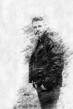 Man in leather jacket in pencil drawing style Stock Illustration