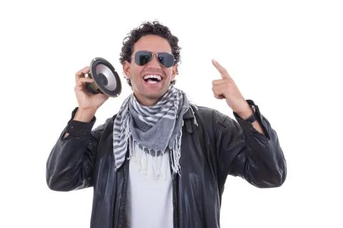 Man in a leather jacket with speaker Stock Photos
