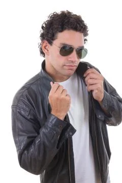 Man in a leather jacket with sunglasses Stock Photos