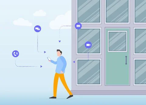 Man leaving work and being bombarded by intrusive calls, audio, video, and email Stock Illustration