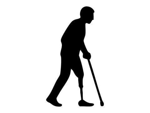 Man with leg prosthesis walking with cane, isolated on white background, graphic Stock Illustration