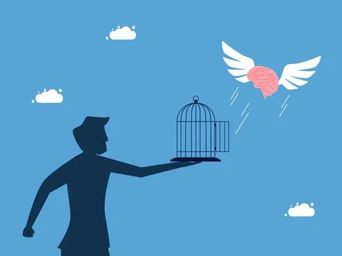 Man let the brain fly out of the cage. Liberation of ideas and freedom Illustrazione stock