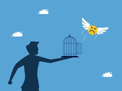 Man let the sad face icon fly out of the cage. Liberation of pessimism and fr Stock Illustration