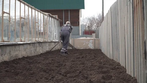 Man leveling the ground with a rake Stock Footage 96351867